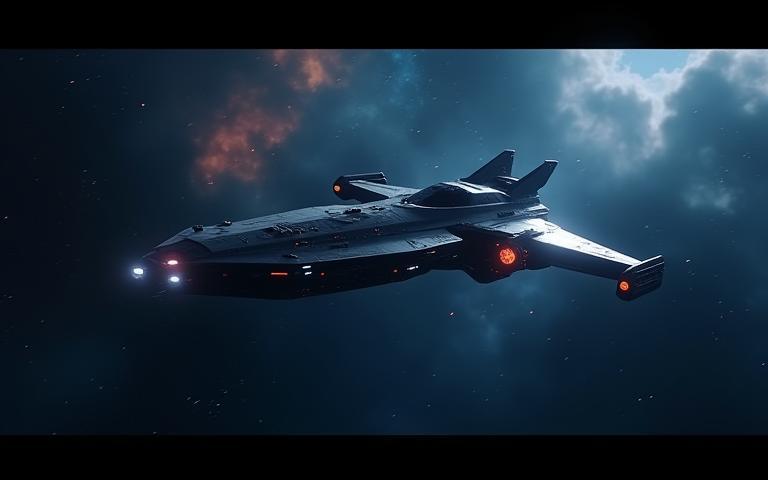 Still from a sci-fi film showing a spaceship