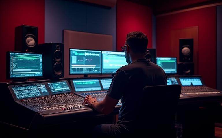 Sound engineer at mixing console